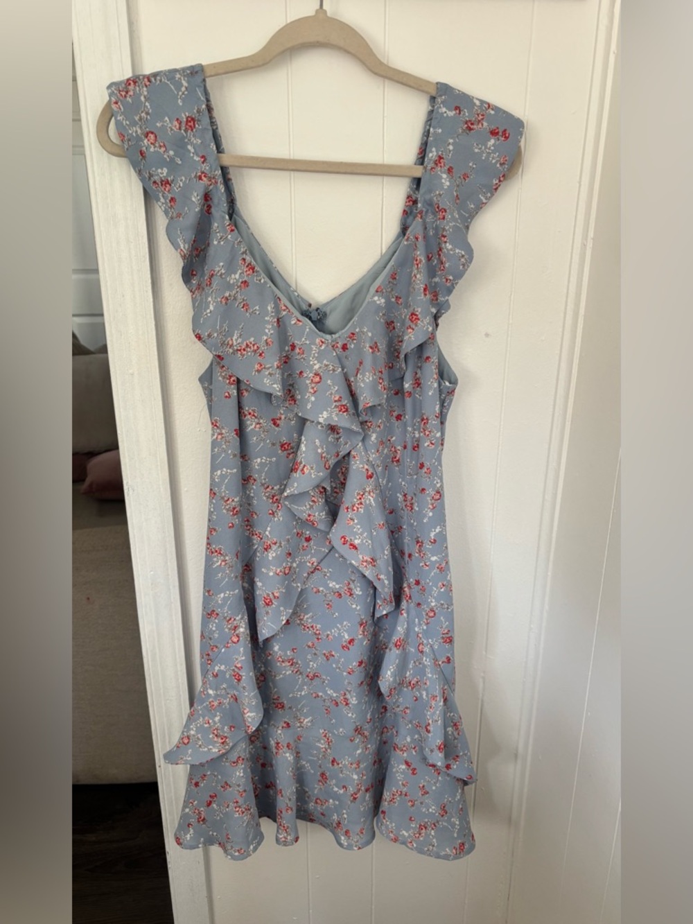 Lulu's Light Blue Floral Ruffle Dress with Red Accents